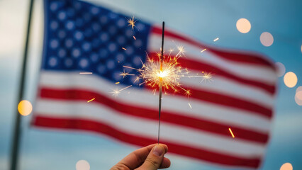 Celebrating independence day with sparkler and american flag