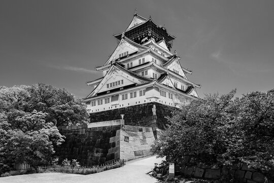 Osaka, Kansai, Japan: Medieval castle of Osaka; famous travel landmark of Azuchi Momoyama period in black and white