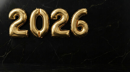 Luxury golden 2026 foil balloons on black marble background