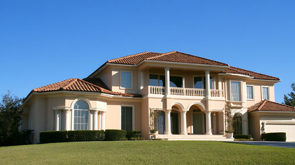 Fototapeta premium Elegant two-story home with a tiled roof, balcony, and manicured lawn. Architectural pillars frame the entrance, creating a grand and welcoming facade. The blue sky enhances its charm.