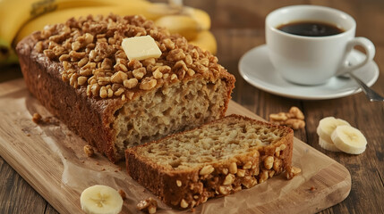 Fresh homemade banana bread close-up on the table.