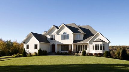 Elegant dwelling with a well-manicured lawn under a clear blue sky. The architecture combines modern design with classic suburban comfort, enhanced by lush greenery.