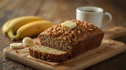 Fresh homemade banana bread close-up on the table.