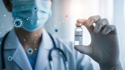 Healthcare professional holds vial of vaccine surrounded by animated viruses