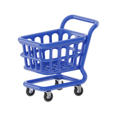 Blue 3D shopping cart with silver wheels on a black background trolley basket