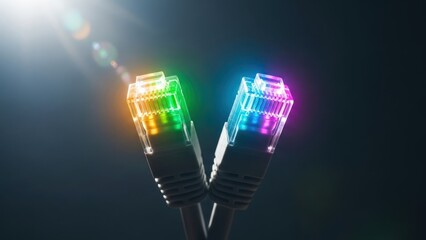 Illuminated network cables glowing with vibrant colors against a dark background