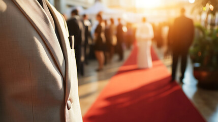 Exclusive event featuring a red carpet, attended by people in formal attire. Capturing the elegance and anticipation of a high-profile gathering. The warm sunlight enhances the scene.