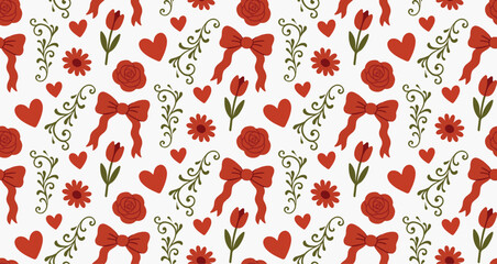 Retro pattern. Vector illustration. Ornament with a bow. Wrapping paper. Bows and flowers. Vintage illustration.