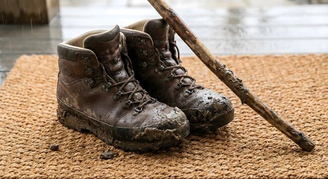 Pair of muddy leather hiking boots sitting on a doormat