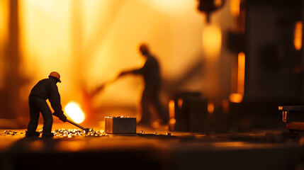 A miniature worker silhouette labors in a fiery, industrial setting, surrounded by metallic elements, evoking themes of industry, labor, and the challenge of work.