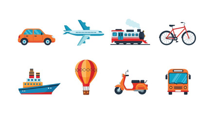 Fototapeta premium Various modes of transportation are displayed in a colorful flat design
