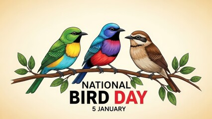 Three colorful birds perched on a branch for National Bird Day