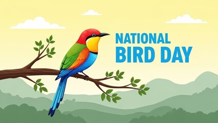 Vibrant bird perched on branch with National Bird Day text
