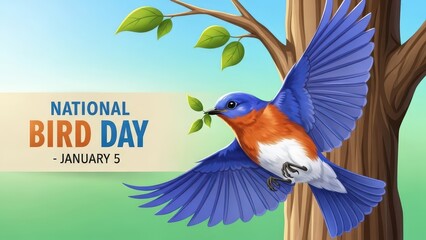 Bluebird perched on tree branch with leaves for National Bird Day