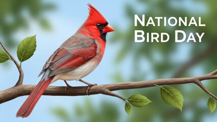 Northern Cardinal perched on tree branch with green leaves