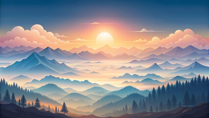 Fototapeta premium Dreamy Pastel Sunrise Over Layered Mountains illustration Landscape Background.