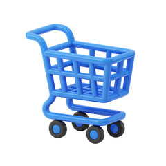 Bright blue 3D shopping cart with black wheels on a black background trolley basket