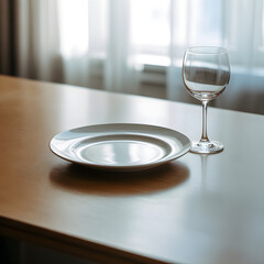Empty plate and wine glass on table