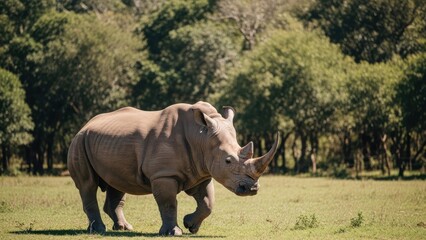 Fototapeta premium Large rhinoceros walks across a grassy plain, facing forward, with trees in background