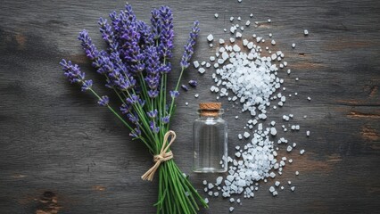 Obraz premium Lavender bouquet, oil, and coarse salt on a dark wooden surface