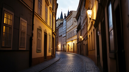Fototapeta premium A captivating night view of a cobblestone street winding through historic European buildings illuminated by warm streetlights. A timeless scene, blending old-world charm.