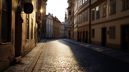 Sunlit cobblestone street in a historic European city. Tall buildings flank the road, architecture casting long shadows and golden glow. A quiet morning scene.