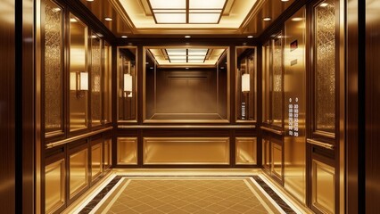 Luxurious golden elevator interior with polished reflective surfaces and intricate floor detailing