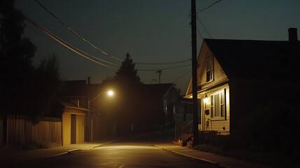 Fototapeta premium A quiet suburban street at twilight, illuminated by a soft glow from a streetlamp and a warm light spilling from the windows of a cozy house. A sense of serenity permeates the night air.
