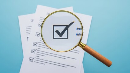 Magnifying glass inspects checklist with a checked box