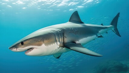 Fototapeta premium Majestic predatory shark cruises through sunlit ocean depths near coral reef
