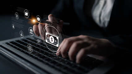 A fintech concept showing a network of digital banking services. This includes secure online payments, global transactions, and e-commerce for the modern financial system. Fermion