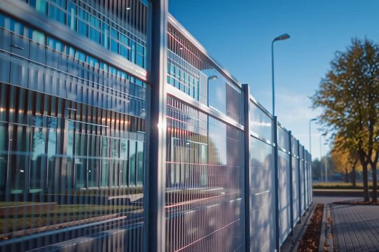 Modern school building is located behind a high transparent plastic fence.