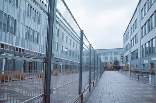 Modern school building is located behind a high transparent plastic fence.