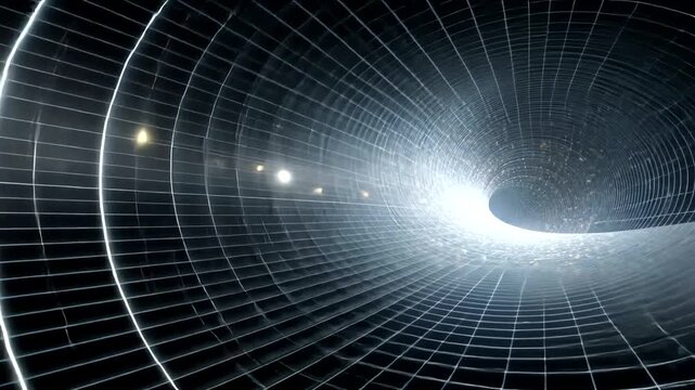 A luminous abstract tunnel is depicted, with grid lines creating a dimensional space and glowing light