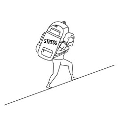 A person climbs a steep incline burdened with a large backpack labeled stress. This illustrates the challenge of managing stress in life while seeking well-being.