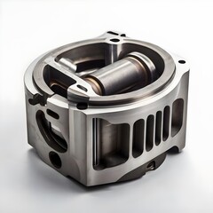 A complex metallic mechanical part with an internal cylindrical shaft and intricate channels, displayed against a light background.