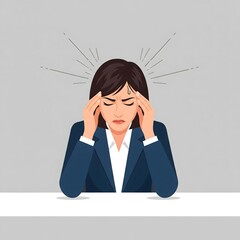 A woman in a suit is sitting at a table, expressing stress and frustration. She holds her temples, showing signs of mental strain while dealing with work pressures.