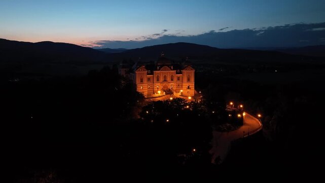 Aerial night view of Halic Castle in the village of Halic in Slovakia
