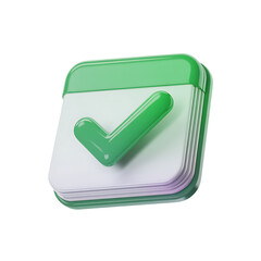Stacked Calendar Pages with Green Checkmark 3D Icon on White Background tick