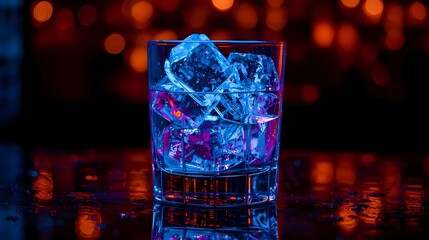 A glass of ice cubes glows with vibrant blue and purple light against a dark background with warm, orange bokeh highlights and a reflective surface.