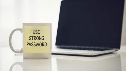 Mug with sticky note "Use Strong Password" next to a laptop