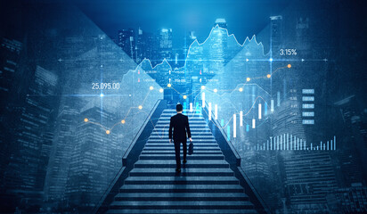 A businessman ascends a staircase enveloped by digital financial data and a vibrant city skyline, representing ambition, growth, and future success in business. Scalp