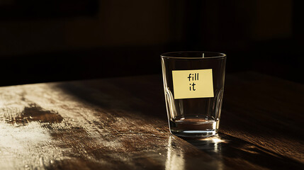 A clear glass on a dark wooden table holds a small amount of liquid, prompting action with a "fill it" note. The contrast enhances its simple message, emphasizing hydration.