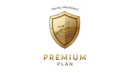 Travel insurance premium plan shield isolated on white background