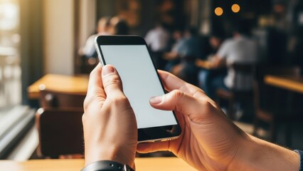 Person's hands holding smartphone in a cafe with blurred background