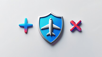 Shield with airplane icon, plus and cross symbols isolated on white background
