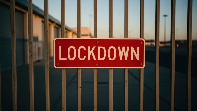 Red "LOCKDOWN" sign on a metal gate, restricting access