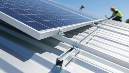 Rooftop solar panel installation with worker in background