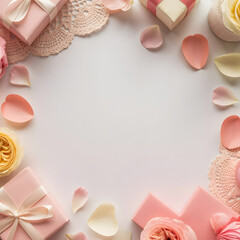Delicate pink gift boxes and rose petals arrangement
