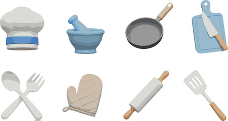 Vector Set of Kitchen Essentials Including Chefs Hat Mortar and Pestle and Frying Pan